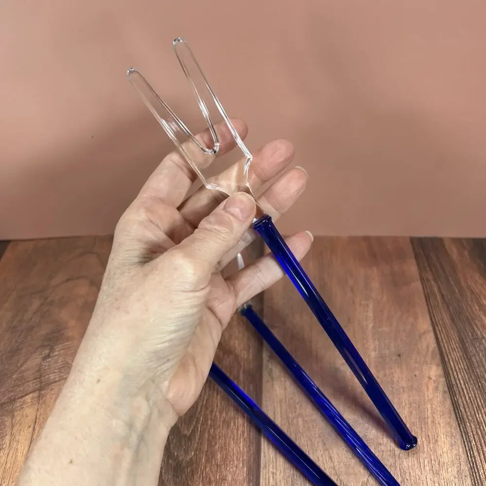 Set of 3 Vintage Czech Sapphire Blue Glass Serving Fork & Spoons 9.75